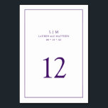 Tarjeta De Mesa Simple Monograma Púrpura Elegante Boda<br><div class="desc">Número de mesa de boda simple con un diseño elegante y atemporal con su monograma de dos letras, nombres, fecha y número de mesa rodeados de un borde delgado. Todos los elementos del diseño son de color púrpura real sobre un fondo blanco y pueden cambiarse a cualquier color que desee...</div>