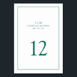 Tarjeta De Mesa Simple Monograma Verde Esmeralda Boda Elegante<br><div class="desc">Número de mesa de boda simple con un diseño elegante y atemporal con su monograma de dos letras, nombres, fecha y número de mesa rodeados de un borde delgado. Todos los elementos de diseño están en un tono de joya verde esmeralda sobre un fondo blanco y pueden cambiarse a cualquier...</div>