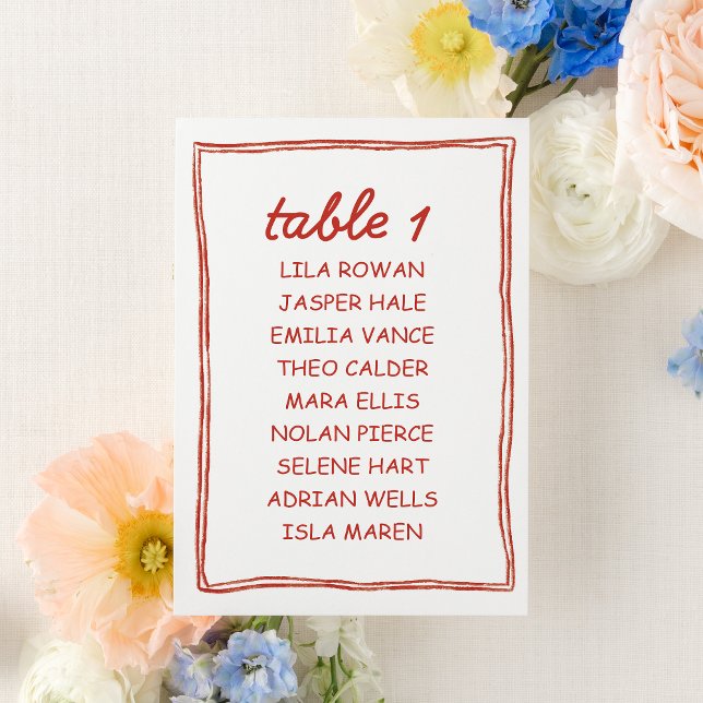 Tarjeta De Mesa Simple Red Doodle Wedding Seating Chart Card (Subido por el creador)