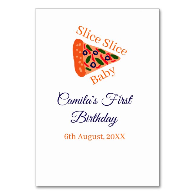 Tarjeta De Mesa Slice Slice pizza bebé azul 1 cumpleaños (Anverso)