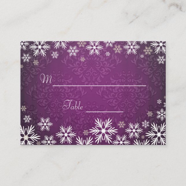 Tarjeta De Mesa Snowflakes and Purple Damask Wedding Place Setting (Anverso)