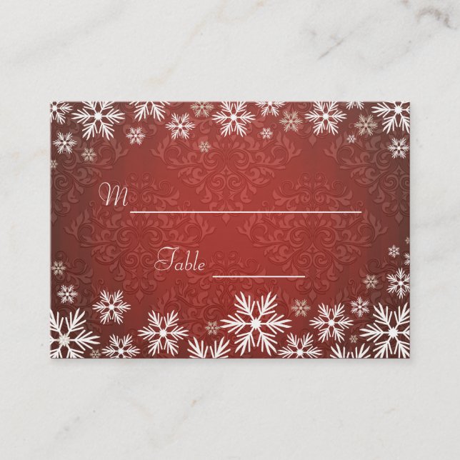 Tarjeta De Mesa Snowflakes y Red Damask Wedding Place Setting (Anverso)