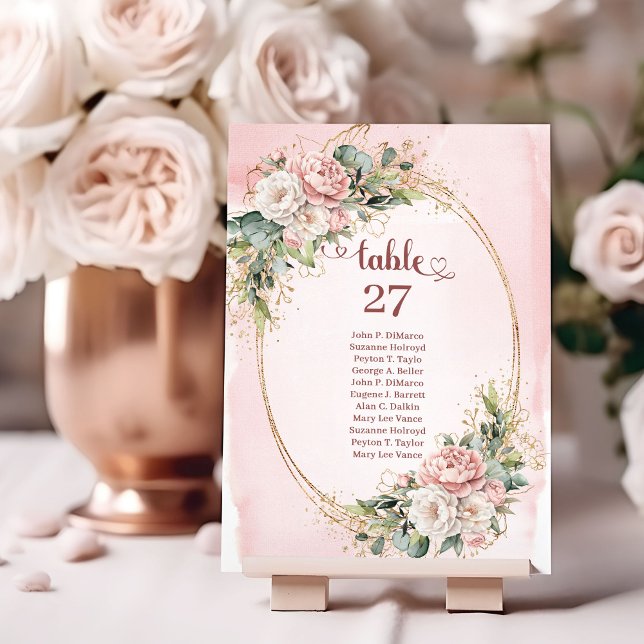 Tarjeta De Mesa Soft Blush Pink Flowers Gold Glitter Table Number (Soft Blush Pink Flowers Gold Glitter Table Number)