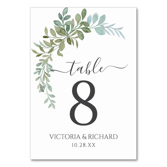 Tarjeta De Mesa Soft Green Eucalyptus Watercolor Rustic Wedding (Anverso)
