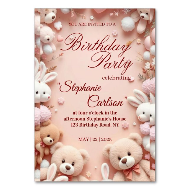 Tarjeta De Mesa Soft Pink Teddy Bear Birthday Invitation (Anverso)