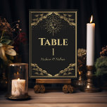 Tarjeta De Mesa Sol dorado y tarot lunar<br><div class="desc">Elegante y moderno diseño boda inspirado en una carta de tarot. El diseño no es un verdadero Relieve metalizado. Los elementos se imprimen exactamente como aparecen en la pantalla cuando se agregan al carrito, por lo que se personaliza y se agrega cada número de tabla que se necesita a cada...</div>