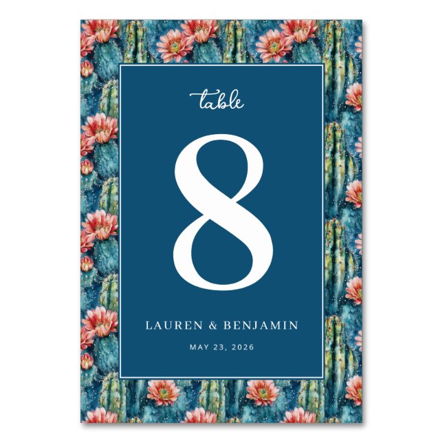 Tarjeta De Mesa Sophisticated Navy Cactus Floral (Anverso)