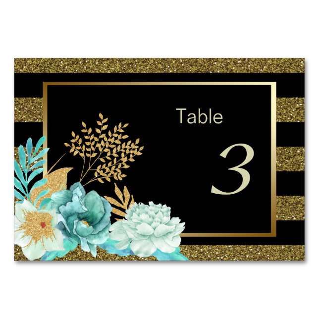 Tarjeta De Mesa Sparkke Stripe Gold Mint Floral Boda (Anverso)