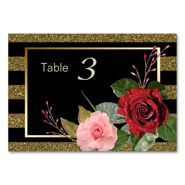 Tarjeta De Mesa Sparkle Stripe Pink Red Roses Boda (Anverso)