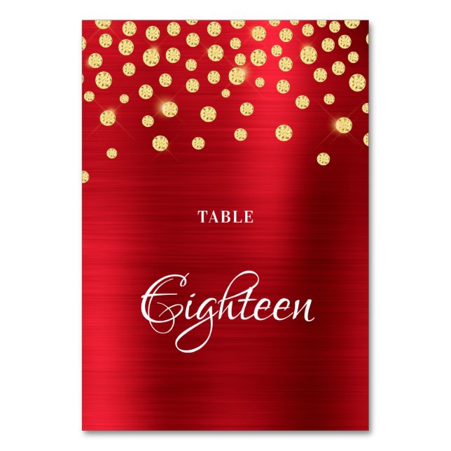 Tarjeta De Mesa Sparkly Faux Gold Diamonds Red Satin Relieve metal (Anverso)
