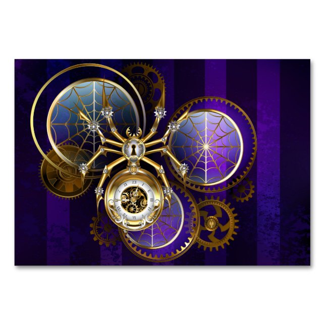 Tarjeta De Mesa Spider Steampunk sobre fondo morado (Anverso)