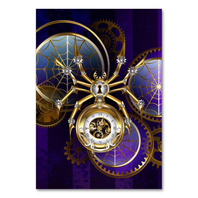 Tarjeta De Mesa Spider Steampunk sobre fondo morado (Anverso)