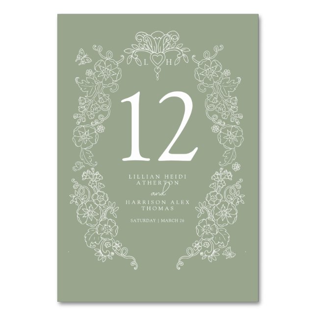 Tarjeta De Mesa Spring Fleur de lis boda sage verde blanco (Anverso)