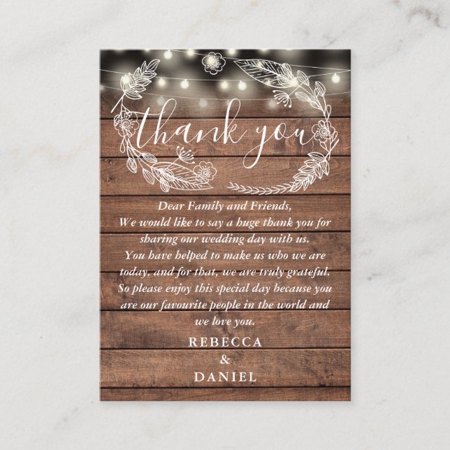 Tarjeta De Mesa String Lights Rustic Wood Floral Boda Gracias (Anverso)