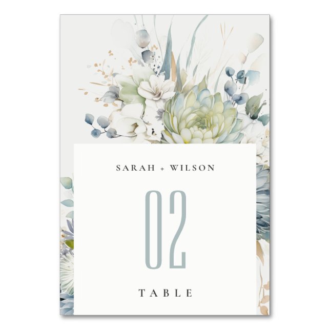 Tarjeta De Mesa Suculento Boda botánico floral suave azul verde (Anverso)