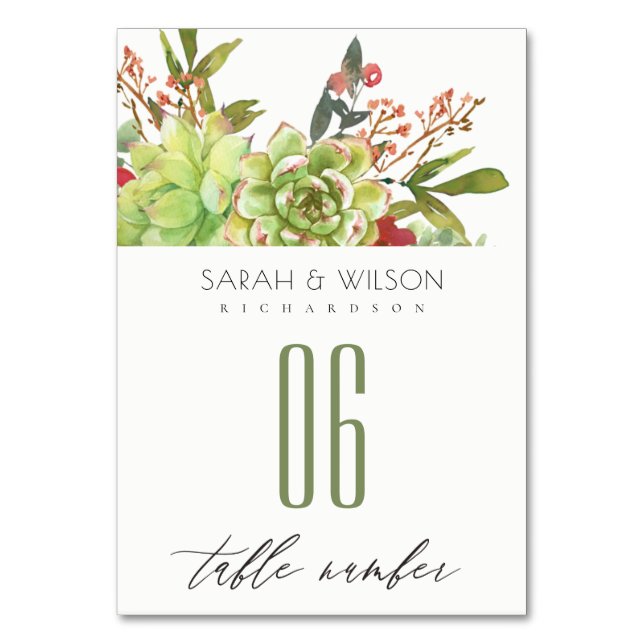 Tarjeta De Mesa Suculento Cactus Boda de acuarela floral roja (Anverso)