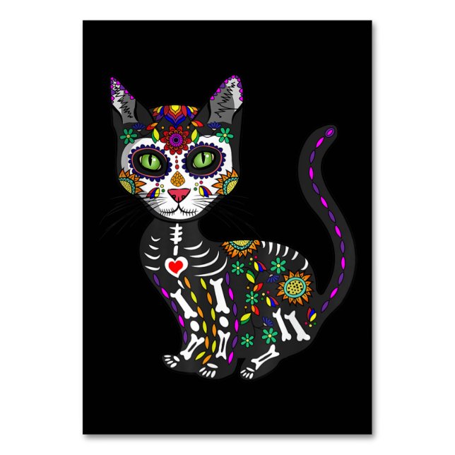 Tarjeta De Mesa Sugar Skull Mexican Cat Halloween Day Of The Dead (Anverso)