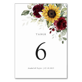 Tarjeta De Mesa Sunflower Burgundy Boda Floral Número de tabla