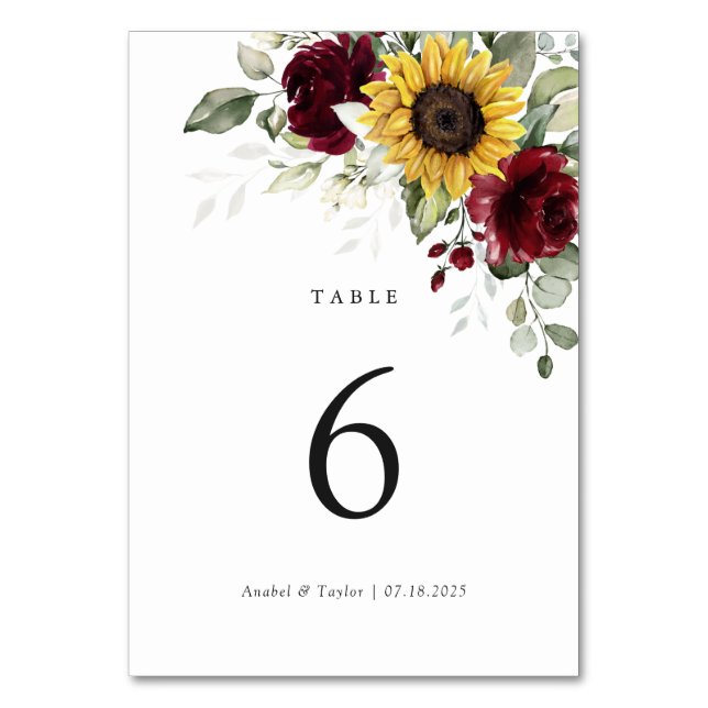 Tarjeta De Mesa Sunflower Burgundy Boda Floral Número de tabla (Anverso)
