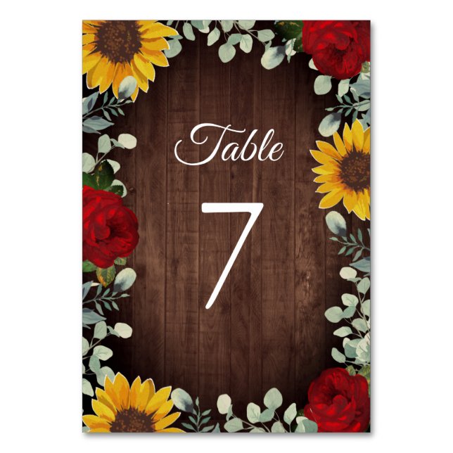 Tarjeta De Mesa Sunflowers Eucalyptus Red Roses Wood Boda (Anverso)