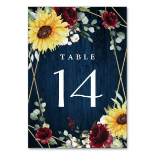 Tarjeta De Mesa Sunflowers Rosas de Borgoña Boda Geométrico