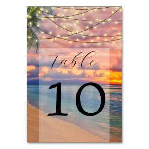 Tarjeta De Mesa Sunset Beach String Luces Número de tabla Boda