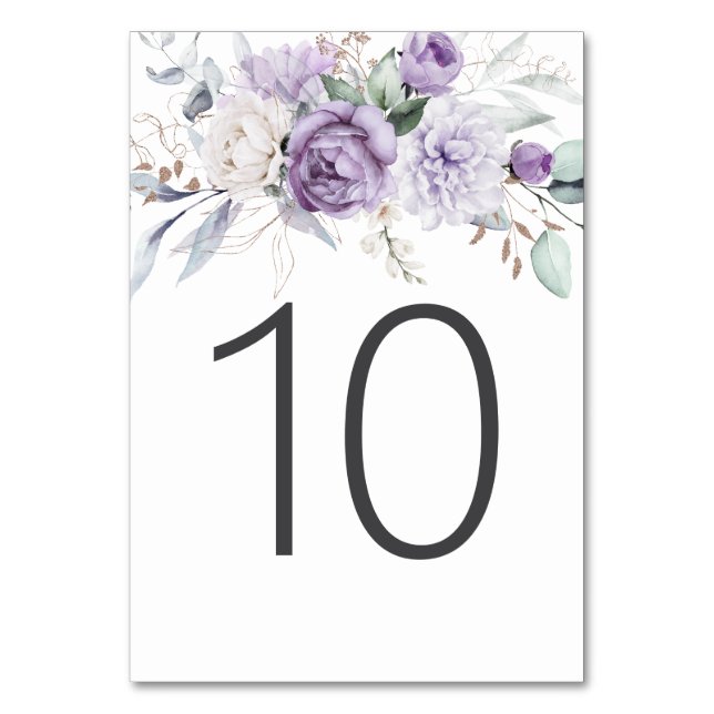 Tarjeta De Mesa Tabla 10 Acuarela Boda morado floral (Anverso)