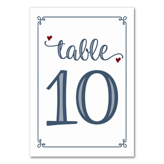 Tarjeta De Mesa "Tabla 10" Azul turbio y rojo oscuro (Anverso)