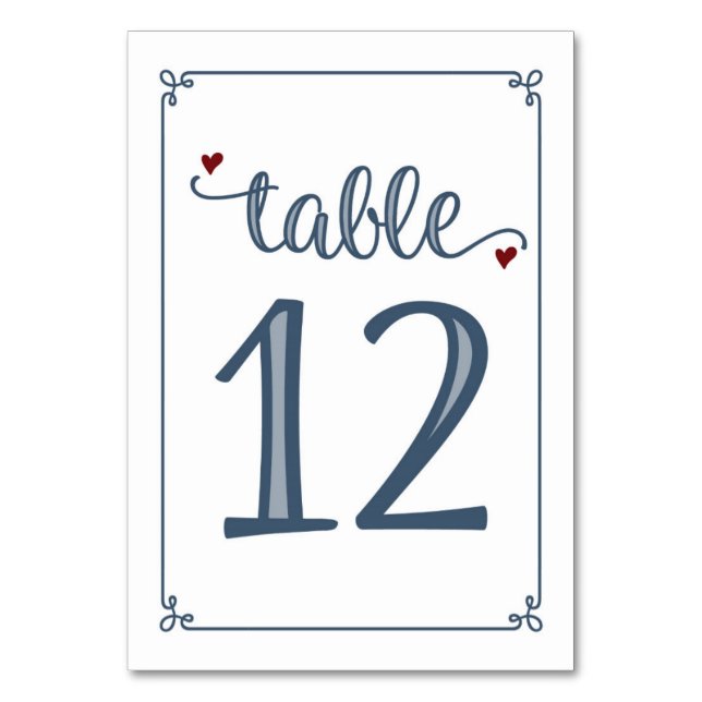 Tarjeta De Mesa "Tabla 12" Azul turbio y rojo oscuro (Anverso)
