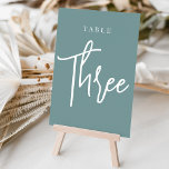 Tarjeta De Mesa Tabla 3ª con guiones de mano Verde azulada y polvo<br><div class="desc">Las tarjetas de número de tabla simples y de moda en agua verde azulada polvorienta y blanco hacen una declaración elegante en su boda o evento. Las funciones de diseño "table [number]" se encuentran en una mezcla de letras clásicas de sif y manuscritas. El diseño se repite en ambos lados....</div>