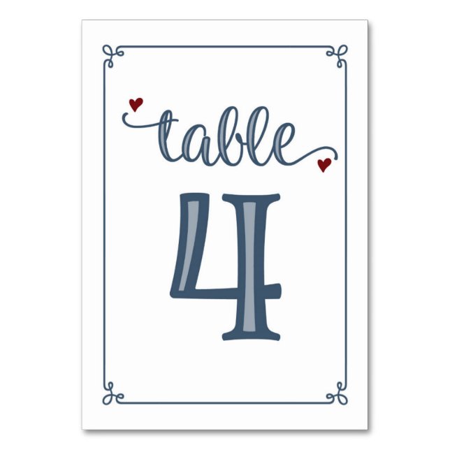 Tarjeta De Mesa "Tabla 4" Azul turbio y rojo oscuro (Anverso)