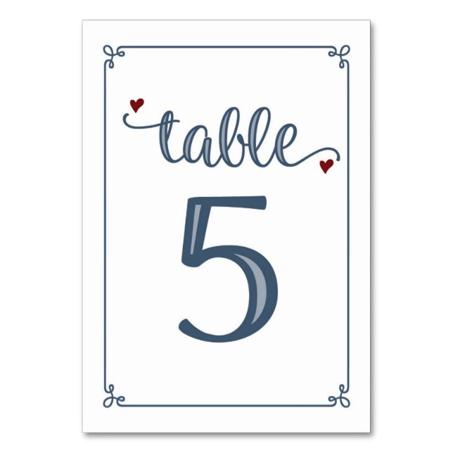 Tarjeta De Mesa "Tabla 5" Azul turbio y rojo oscuro (Anverso)