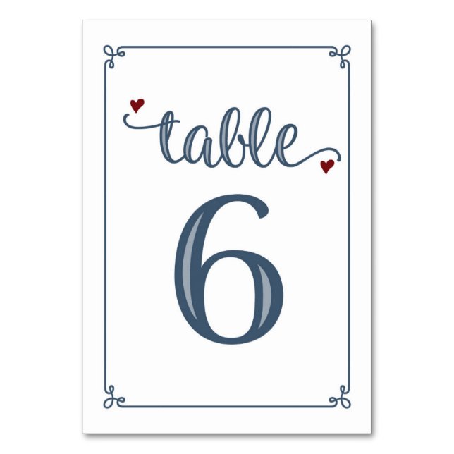 Tarjeta De Mesa "Tabla 6" Azul turbio y rojo oscuro (Anverso)