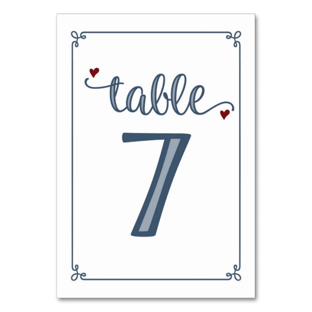 Tarjeta De Mesa "Tabla 7" Azul turbio y rojo oscuro (Anverso)