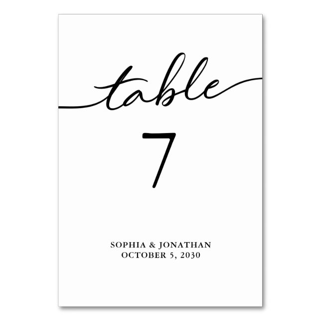 Tarjeta De Mesa Tabla 7 Boda personalizado de caligrafía negra (Anverso)