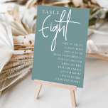 Tarjeta De Mesa Tabla con guiones manuales OCHO   Nombres de invit<br><div class="desc">Las tarjetas de número de tabla simples y de moda en agua verde azulada polvorienta y blanco hacen una declaración elegante en su boda o evento. Las funciones de diseño "table [number]" se encuentran en una mezcla impresionante de letras clásicas de sif y manuscritas, con nombres de invitados individuales debajo....</div>