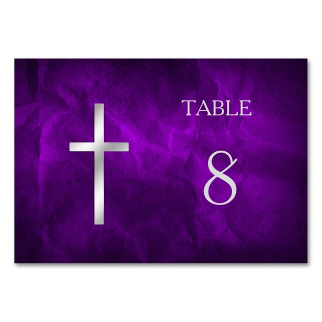 Tarjeta De Mesa Tabla cruzada cristiana morada plateada (Anverso)