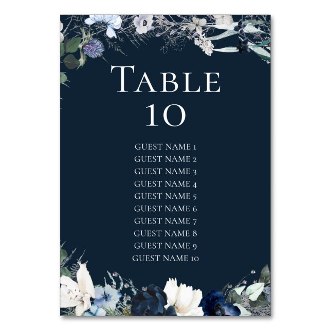 Tarjeta De Mesa Tabla de asientos de Boda floral azul de la Marina (Anverso)