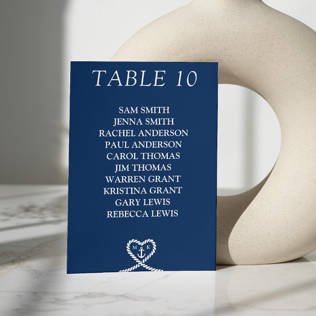 Tarjeta De Mesa Tabla de asientos de monograma Boda Nautical Blue  (Nautical Blue Heart Monogram Wedding Seating Chart Table Number)