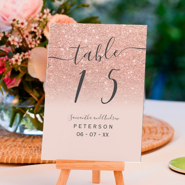 Tarjeta De Mesa tabla de boda de guion rosa rosa de purpurina dora (Subido por el creador)