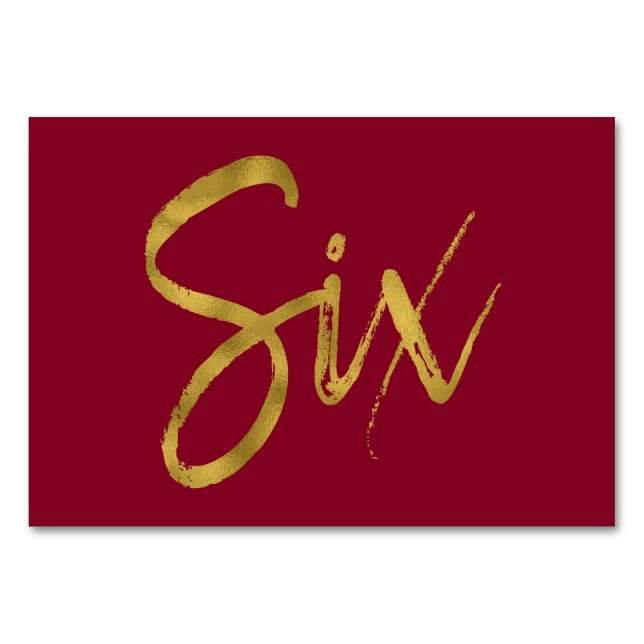 Tarjeta De Mesa Tabla Gold y Borgoña Elegante Número Seis (Anverso)