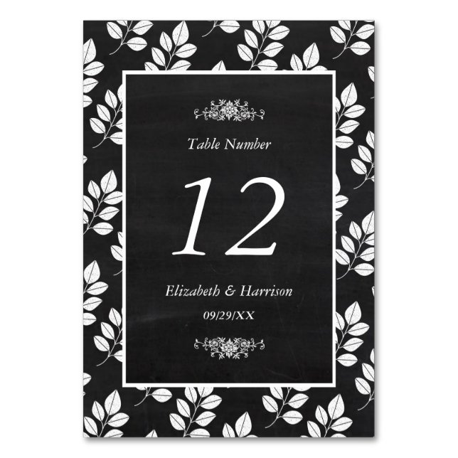 Tarjeta De Mesa Tabla No. Boda De La Hoja Floral De Chalkboard (Anverso)