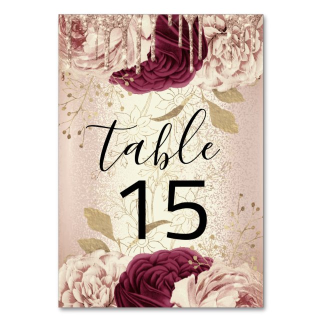 Tarjeta De Mesa Tabla número 15 Drips Rosa Floral Marsala Borgoña (Anverso)