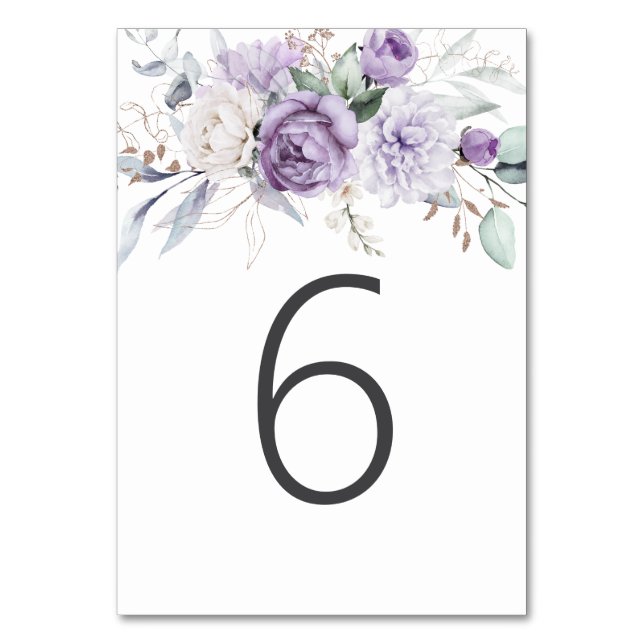 Tarjeta De Mesa Tabla Seis acuarela Boda morado floral (Anverso)