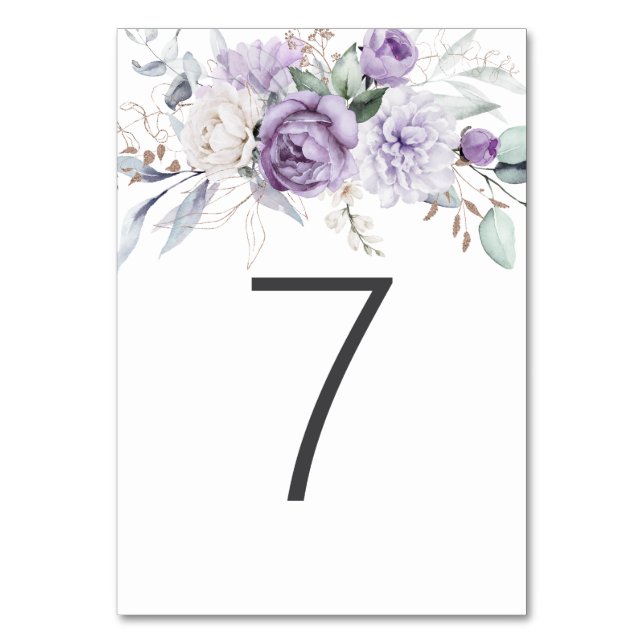 Tarjeta De Mesa Tabla Siete Acuarela Boda Morado Floral (Anverso)