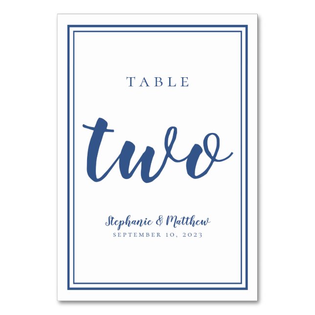 Tarjeta De Mesa Tabla simple Boda azul y blanco número dos (Anverso)