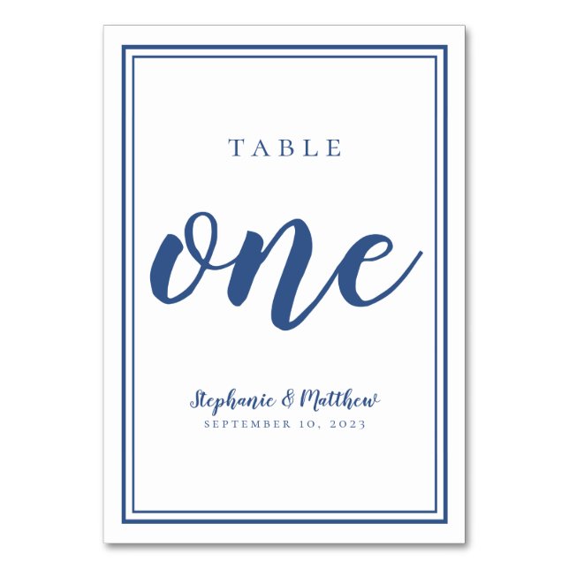 Tarjeta De Mesa Tabla simple Boda número uno azul y blanco (Anverso)