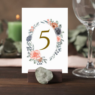 Tarjeta De Mesa Table Number Card with Soft Peach & Blue Flowers