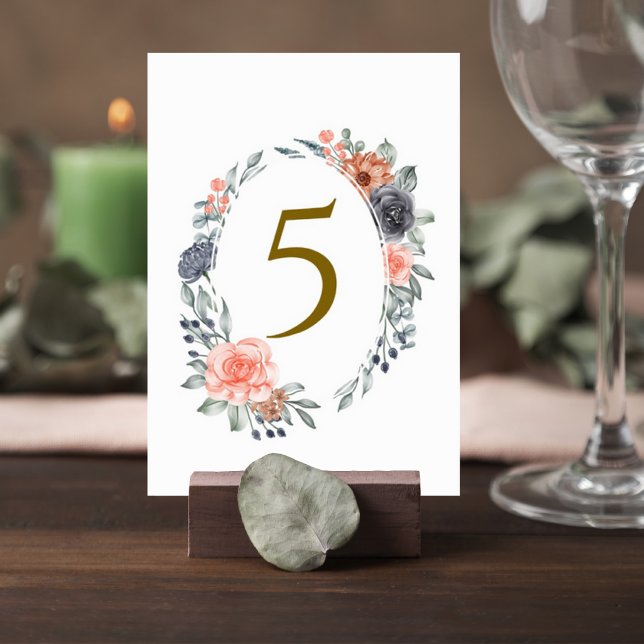 Tarjeta De Mesa Table Number Card with Soft Peach & Blue Flowers (Subido por el creador)