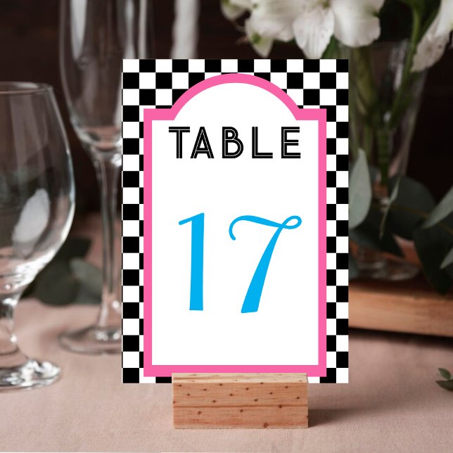 Tarjeta De Mesa tablero de ajedrez retro - azul rosado - negro y b (Retro Diner Checkerboard Pink Blue Black & White Table Number)
